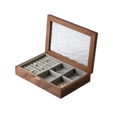 Black walnut wood jewelry box filled with rings, earrings, bracelets and necklaces - large capacity storage organizer