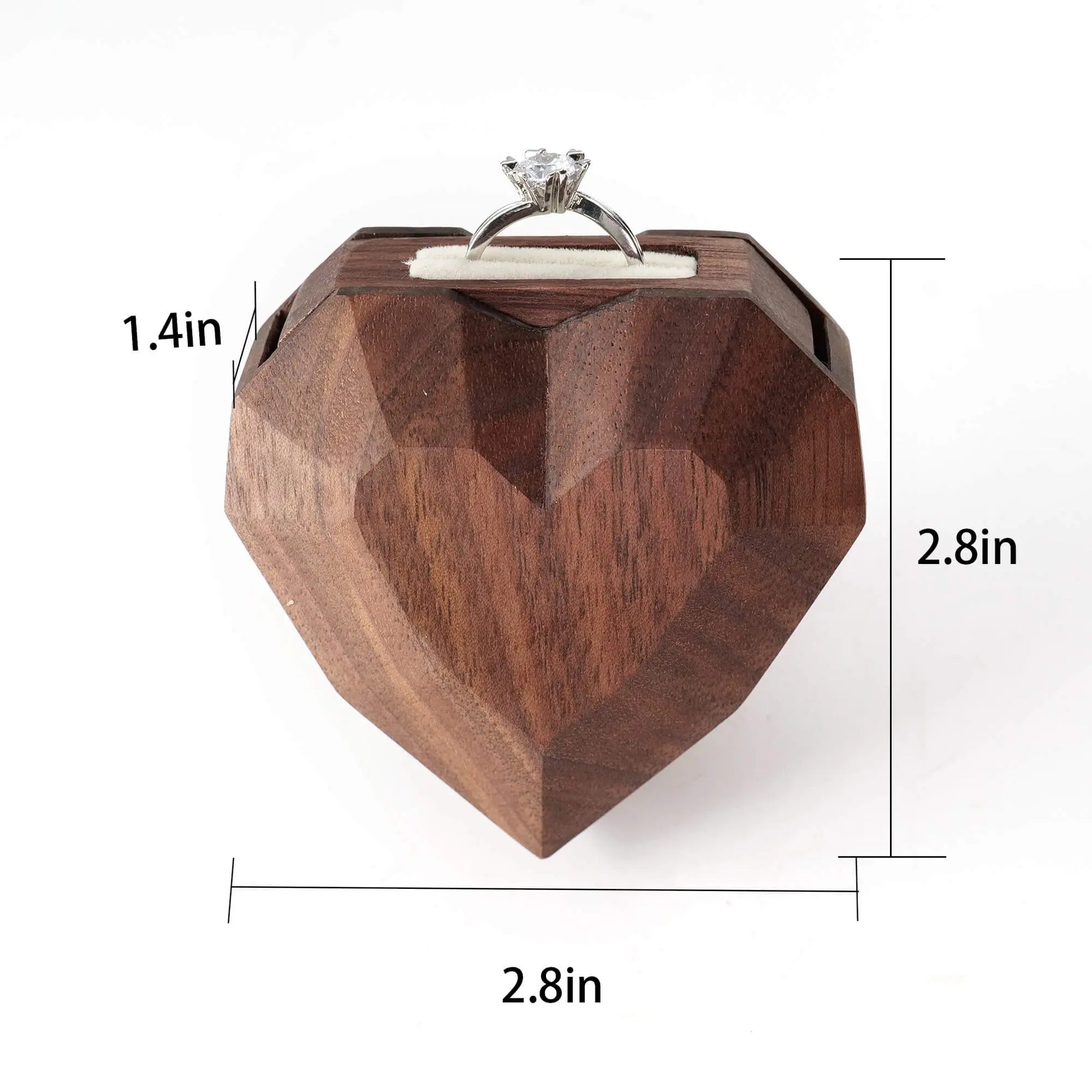 3D heart-shaped rotating ring box size specification chart - dimensions and measurements guide